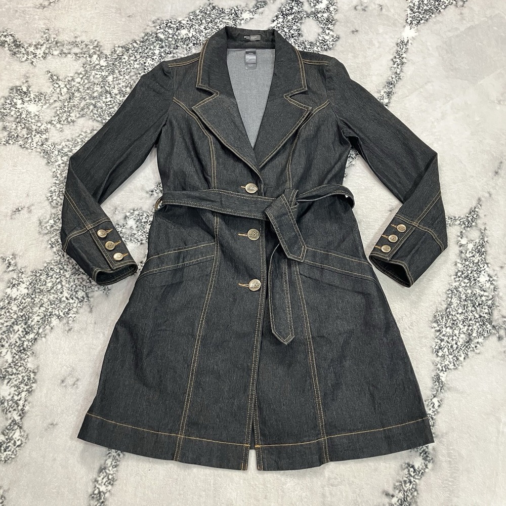 Bisou Bisou Denim Look Trench Coat Jacket Contrast Stitch Belted Womens Size S